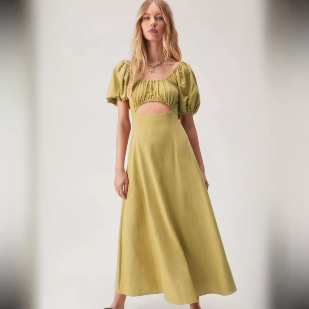 Nasty Gal Olive Puff Sleeve Cutout Maxi Dress US 4